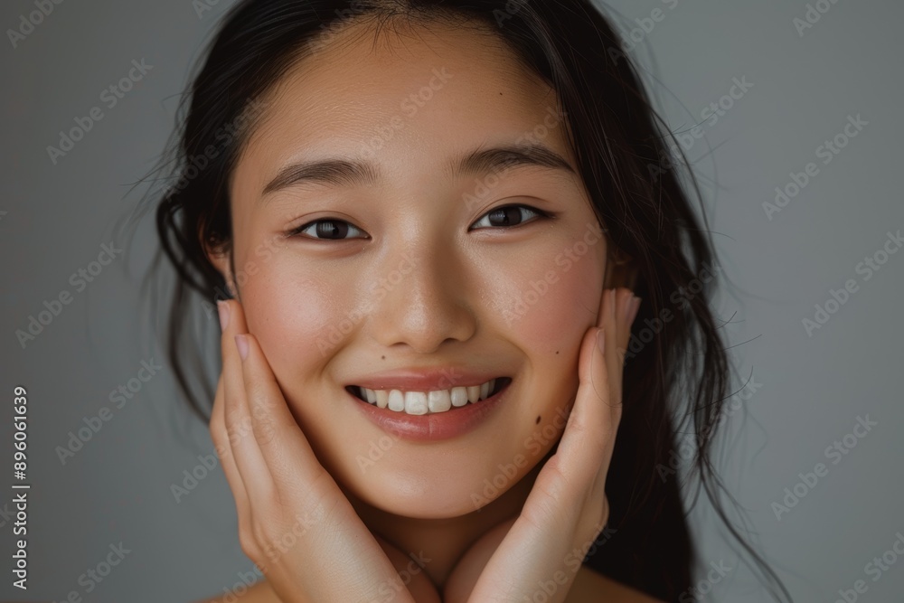 Asian woman with hands on cheeks, facial glow, and skincare routine on grey studio background. Feel good, relax, and love yourself with dermatological or moisturized skin facials. Asian woman with hands on cheeks, facial glow, and skincare routine on grey studio background. Feel good, relax, and love yourself with dermatological or moisturized skin facials.
