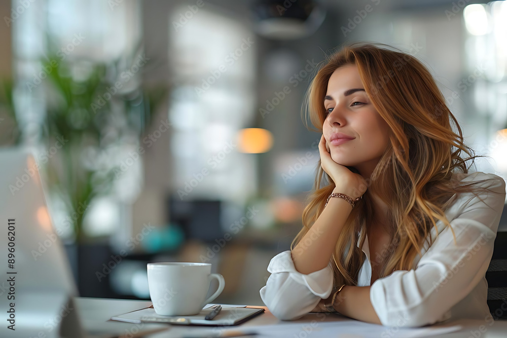 A thoughtful woman enjoys her coffee while daydreaming at a stylish workspace with natural light and greenery. A thoughtful woman enjoys her coffee while daydreaming at a stylish workspace with natural light and greenery.