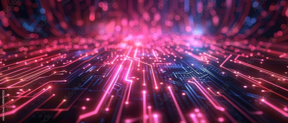 Fototapeta premium Futuristic technology abstract background with neon circuits and digital grid, high-tech and modern
