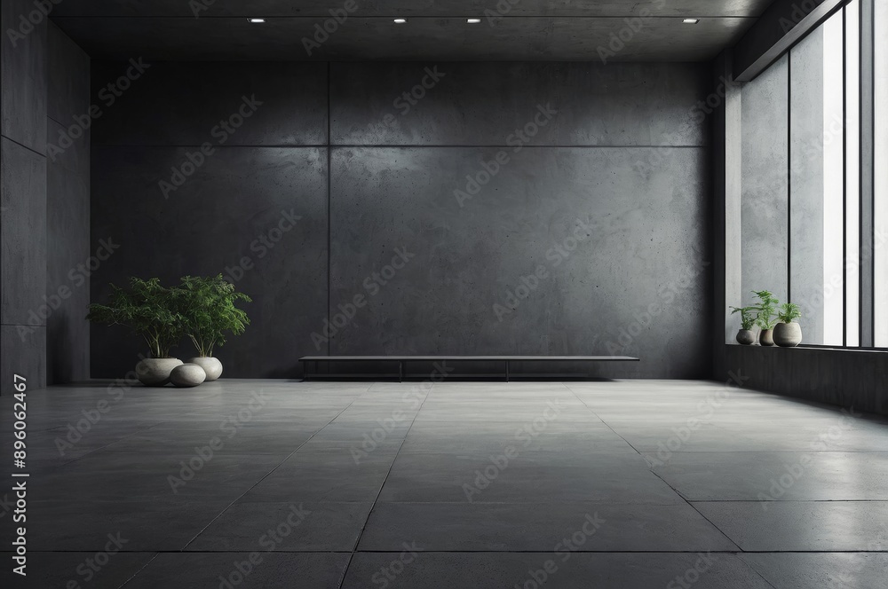 Minimalist interior with concrete wall, long bench, and potted plants Minimalist interior with concrete wall, long bench, and potted plants