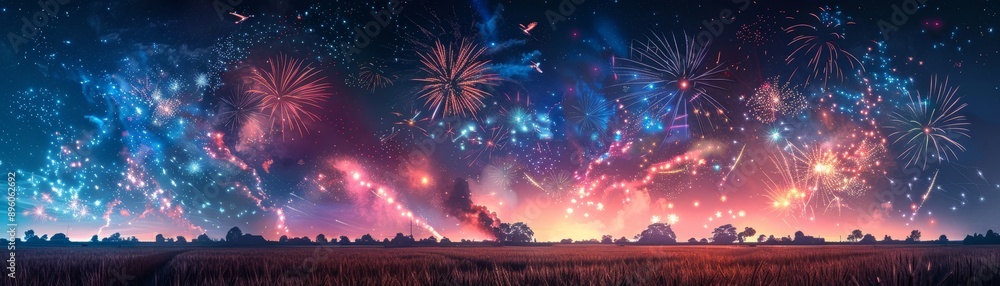 Illuminating the Night Sky: Spectacular Digital Art Fireworks Display Over an Empty Field Illuminating the Night Sky: Spectacular Digital Art Fireworks Display Over an Empty Field