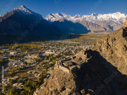 Aerial view of Kharpocho Fort, mountains, valley, and settlement, Kashmir region, Pakistan. photo