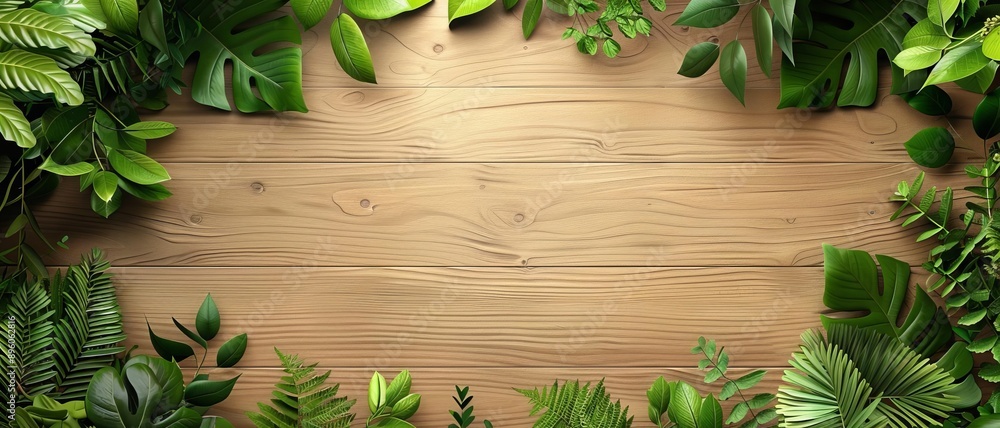 Natural 3D product background with wooden textures and green foliage, eco-friendly theme Natural 3D product background with wooden textures and green foliage, eco-friendly theme