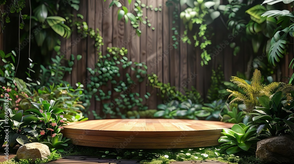 Nature-inspired 3D podium background with wooden textures, lush greenery, and soft lighting, perfect for eco-friendly product displays Nature-inspired 3D podium background with wooden textures, lush greenery, and soft lighting, perfect for eco-friendly product displays