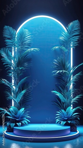 Beauty blue 3D podium backdrop with neon light and tropical palm leaves