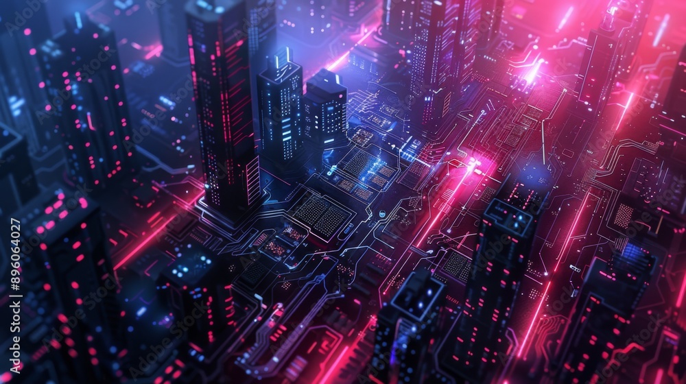 Obraz premium Futuristic Smart Cyber City illustration: Innovative Urban Landscape in Digital Circuitry, futuristic technology concept, Graphic Resources, Wallpapers, Brochure, Websites, banner design, Advertising,