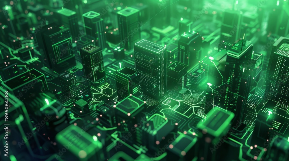 Obraz premium Futuristic Smart Cyber City illustration: Innovative Urban Landscape in Digital Circuitry, futuristic technology concept, Graphic Resources, Wallpapers, Brochure, Websites, banner design, Advertising,