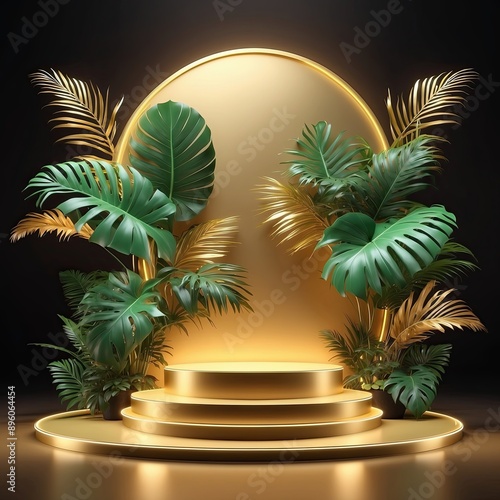 Beauty golden 3D podium backdrop with neon light and tropical palm leaves