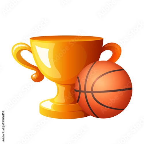 Golden cup and basketball. Vector clipart isolated on white background.