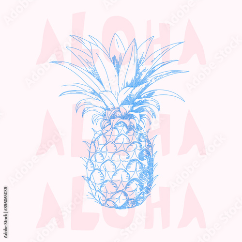 Aloha Pineapple fruit illustration, summer Hawaiian style poste