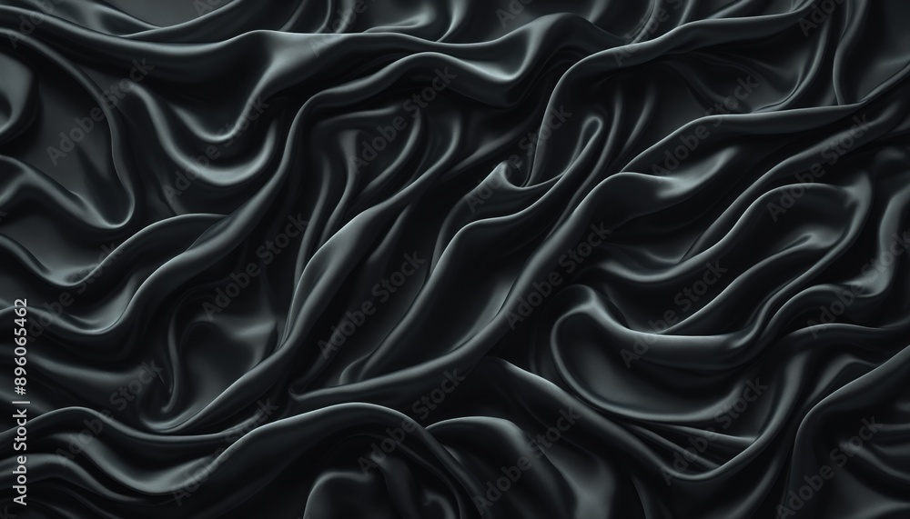 Fototapeta premium Smooth black silk fabric draped in elegant waves, showcasing the rich texture and luxurious sheen of the material