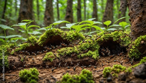 Close-up colony of ants navigating the dense, mossy forest floor. The image captures the intricate details of their movement, highlighting their industrious nature