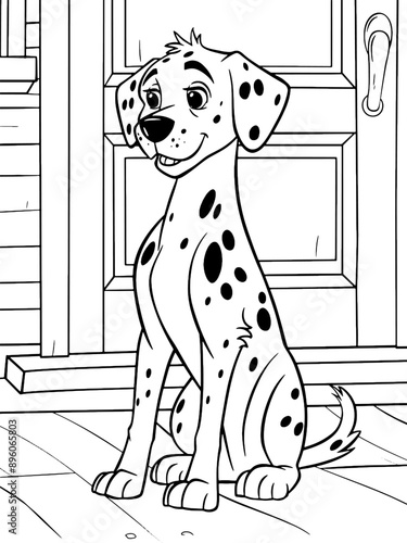 Coloring book. Dalmatian dog sits on the porch of the house. Generative ai vector.