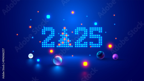 2025 digits, Christmas tree consist glowing pixels in technology style on blue background. New Year card or digital tech calendar poster. Logo of 2025 year hanging over reflection polished surface.