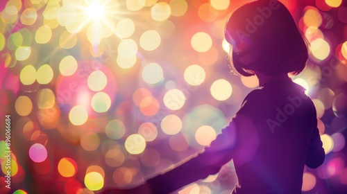 Silhouette of a woman with colorful bokeh lights background. Nightclub