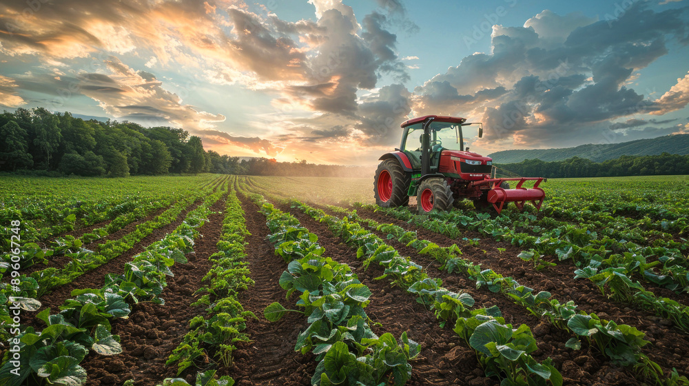 Tractor working on a lush green vegetable farm Tractor working on a lush green vegetable farm