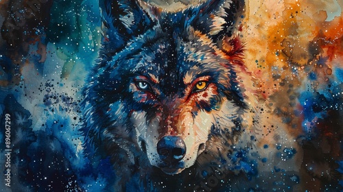 A majestic wolf with piercing eyes, set against a vibrant, cosmic backdrop.