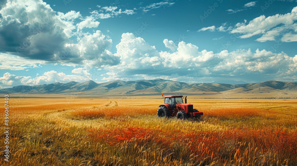 Red tractor in golden fields against mountain backdrop Red tractor in golden fields against mountain backdrop