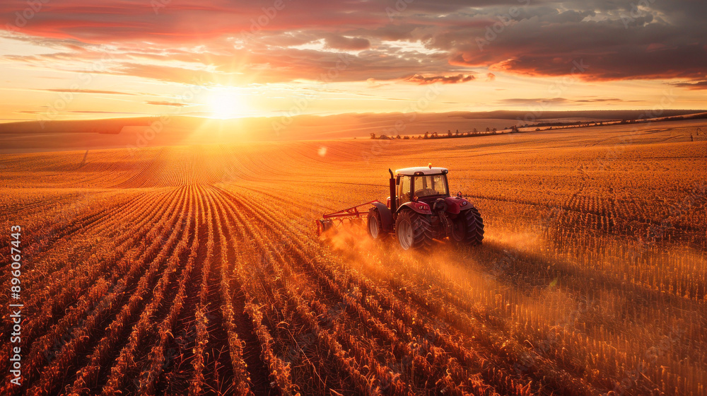 Fototapeta premium Tractor cultivating field covered in golden summer light