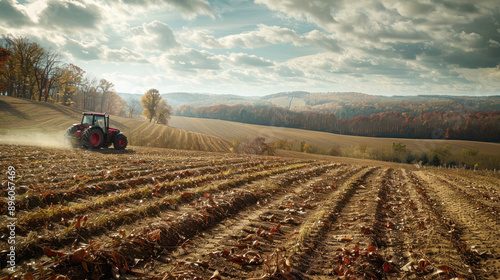 Tractor tilling autumn fields under expansive cloudy sky