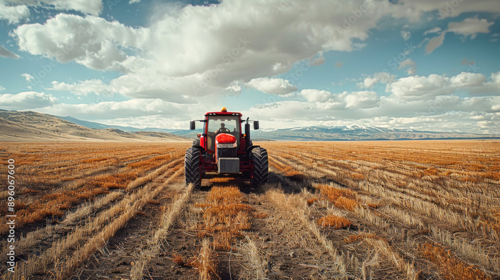 Naklejka premium Tractor on a field with cloudy sky and mountains
