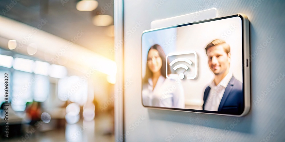 Secure Digital Communication in Modern Office. A futuristic office setting showcasing digital security and remote communication. Secure Digital Communication in Modern Office. A futuristic office setting showcasing digital security and remote communication.
