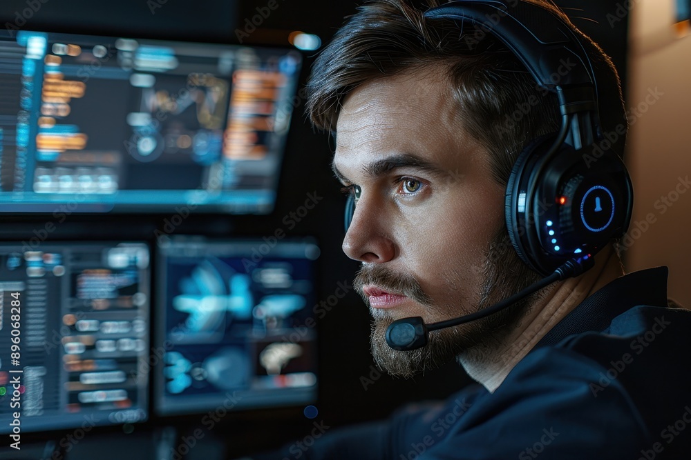 Cybersecurity Professional: Headset and Screen Display Threat Data Cybersecurity Professional: Headset and Screen Display Threat Data