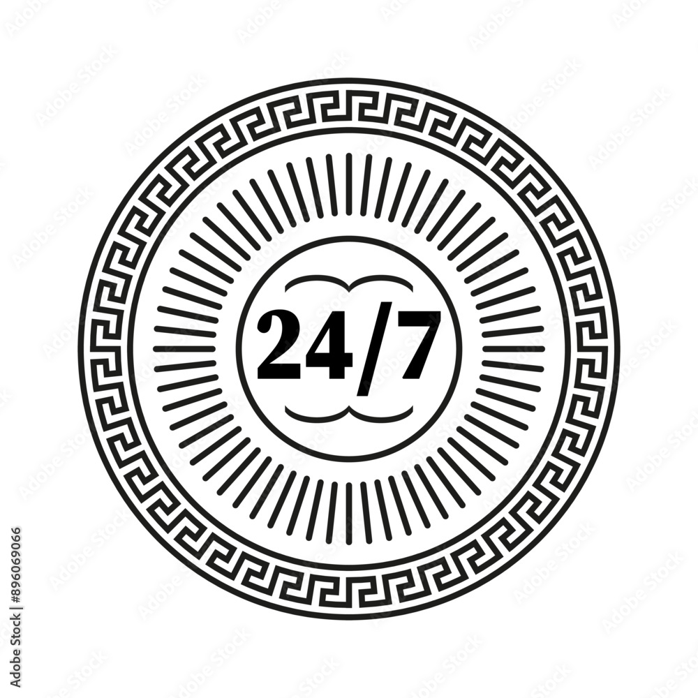 Fototapeta premium 24 7 service badge. Circular Greek key border. Black and white vector emblem. Continuous support symbol.