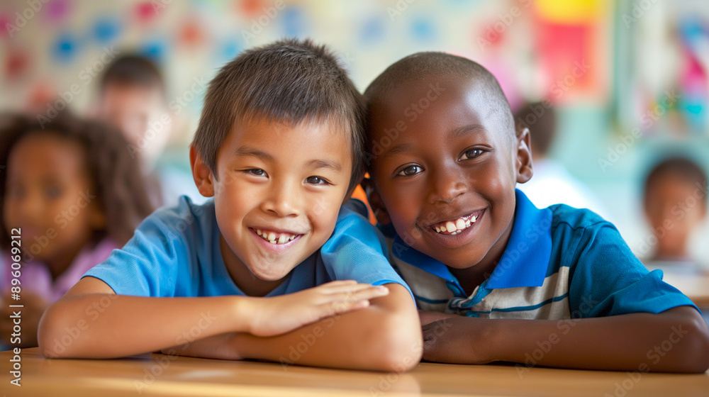 Two happy boys of diverse ethnicities smiling and posing in a classroom. Two happy boys of diverse ethnicities smiling and posing in a classroom.