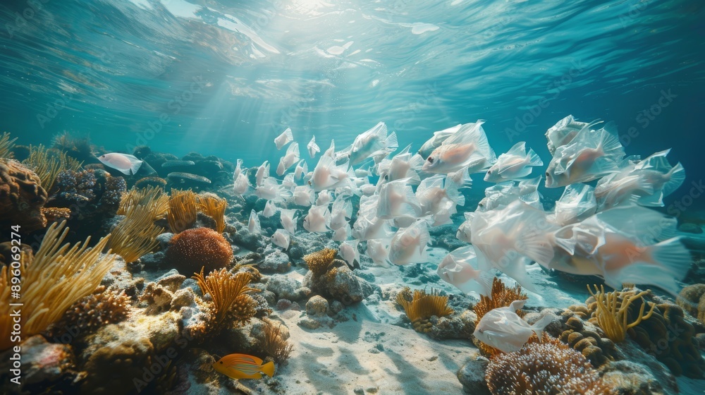 Naklejka premium A vibrant underwater scene with a school of fish swimming over a colorful coral reef. Sunlight streams through the crystal clear water.