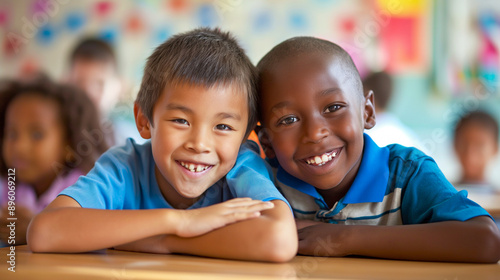 Two happy boys of diverse ethnicities smiling and posing in a classroom.