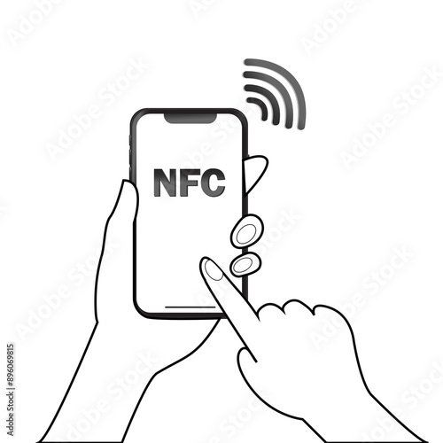 NFC technology. Hand holding Phone. Contactless wireless pay sign logo. Near Field Communication nfc payment concept. Contact less. NFC payment with mobile phone. Credit card photo