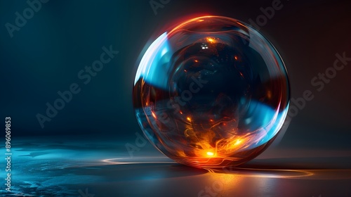 3D ball made of dark translucent material, with internal glow, on a flat, smooth surface