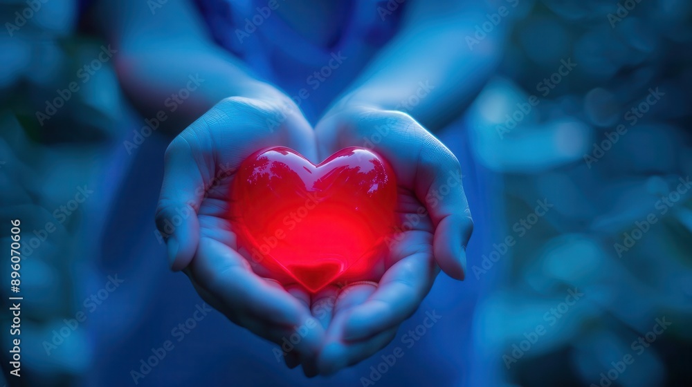 tender moment captured as hands gently cradle a glowing red heart soft focus background in calming blue tones symbolizes love care and emotional connection tender moment captured as hands gently cradle a glowing red heart soft focus background in calming blue tones symbolizes love care and emotional connection