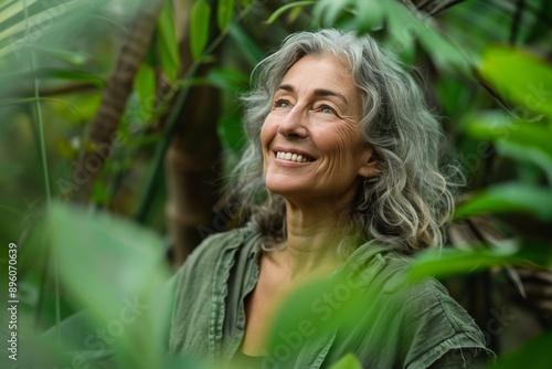 Mature woman smiling in botanical garden, immersed in joy surrounded by lush greenery