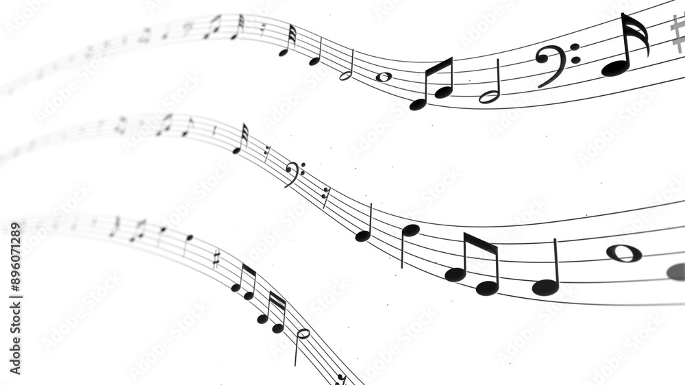 Musical note treble clef floating and flowing on staff line, abstract key tone on music sheet design, swirl tune score, classical creativity melody play background Musical note treble clef floating and flowing on staff line, abstract key tone on music sheet design, swirl tune score, classical creativity melody play background