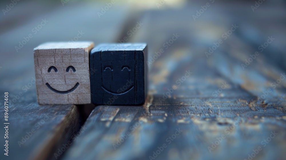 Mental health and emotional state, Smile face in bright side and sad face in dark side on wooden block cube for positive mindset selection, expression, mask, bipolar, generate by AI Mental health and emotional state, Smile face in bright side and sad face in dark side on wooden block cube for positive mindset selection, expression, mask, bipolar, generate by AI