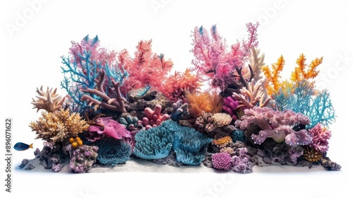 vibrant coral reef isolated on white showcasing intricate formations and diverse marine life in exquisite detail perfect for environmental or scientific illustration © furyon