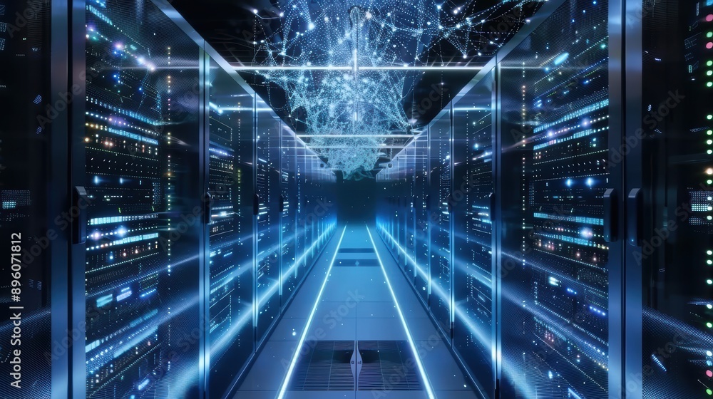 Shot of Corridor in Working Data Center Full of Rack Servers and Supercomputers with Internet connection Visualization Projection, technology, digital, futuristic, future, Shot of Corridor in Working Data Center Full of Rack Servers and Supercomputers with Internet connection Visualization Projection, technology, digital, futuristic, future,