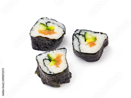 Three pieces of sushi with smoked salmon, cucumber and avocado. Top view studio shot isolated on white background