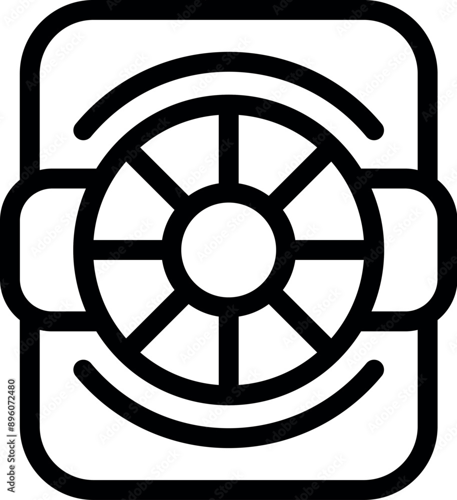Line art icon of a round window showing a ship steering wheel inside Line art icon of a round window showing a ship steering wheel inside