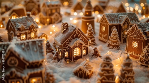 whimsical gingerbread village with intricately decorated houses sugardusted landscape and warm glowing windows soft focus fairy lights create a magical ambiance photo