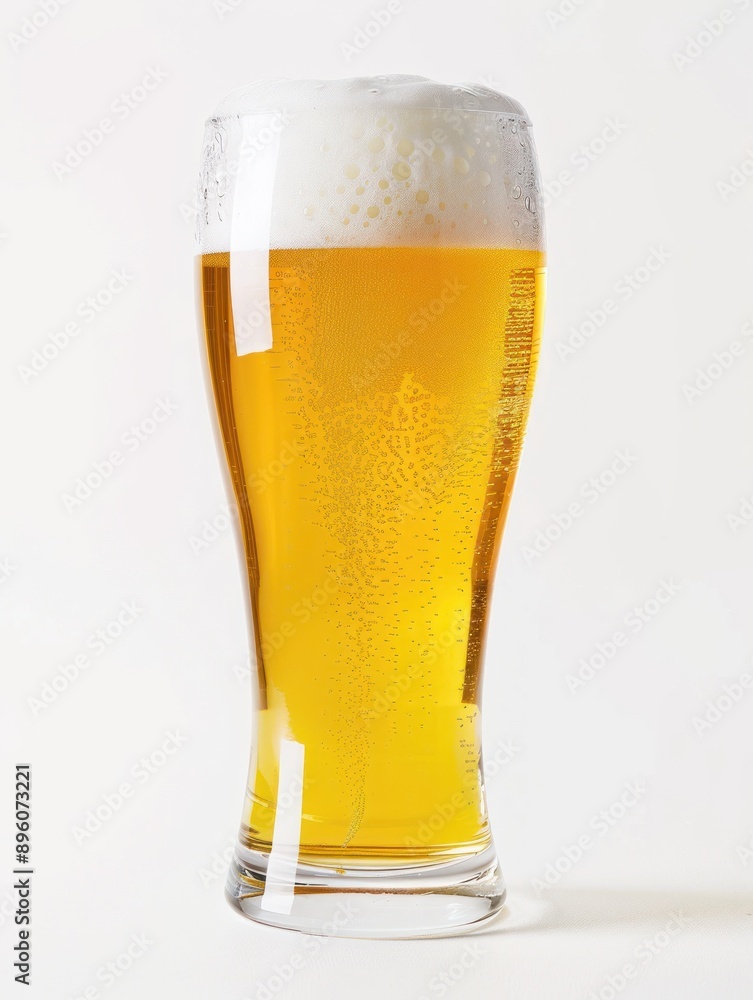 Golden beer glass filled with bubbly and foam on white Golden beer glass filled with bubbly and foam on white