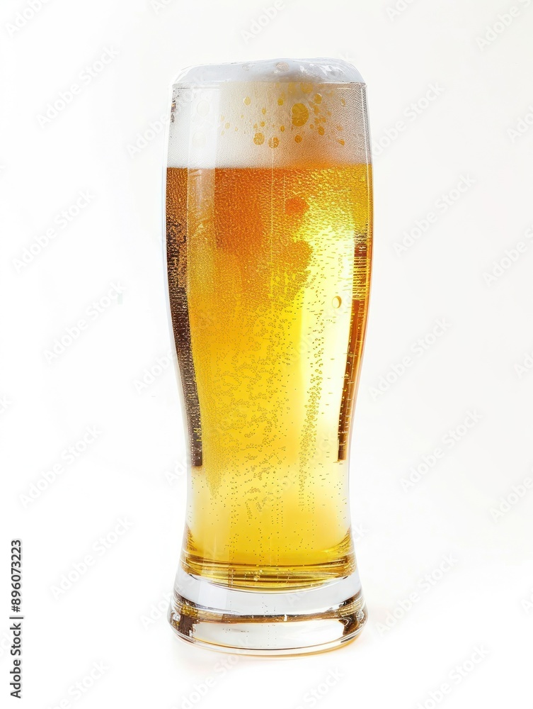 Foamy beer glass filled with golden bubbles on white Foamy beer glass filled with golden bubbles on white
