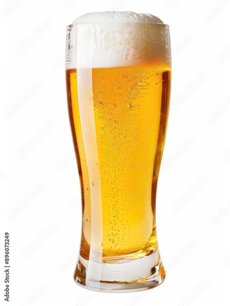 Amber beer in tall glass with thick bubbly foam top Amber beer in tall glass with thick bubbly foam top
