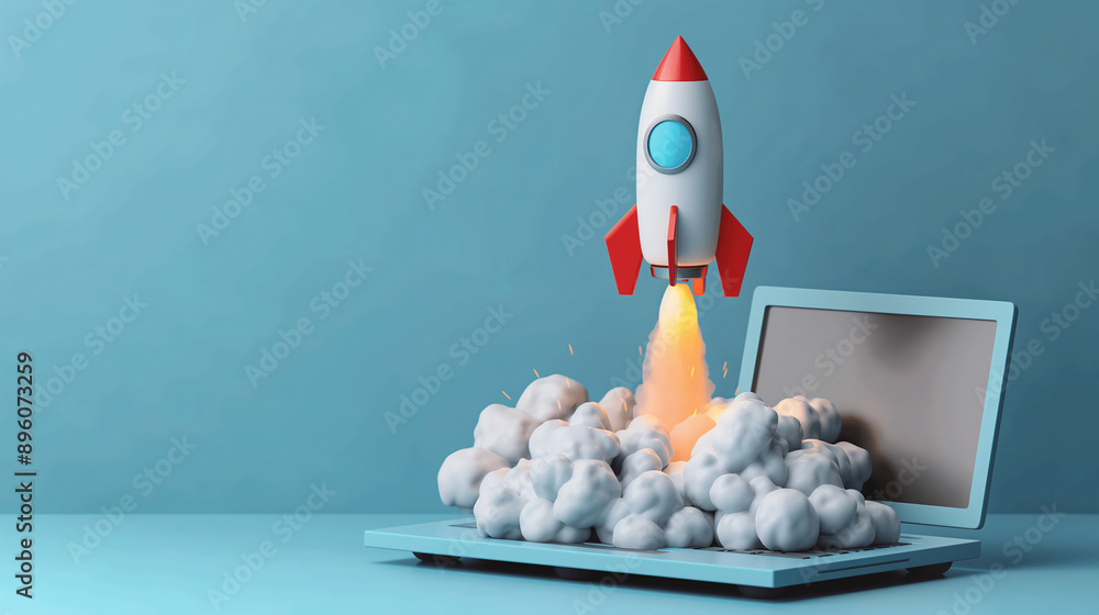 Rocket Launching from Laptop Representing Startup Success and Innovation in Technology Rocket Launching from Laptop Representing Startup Success and Innovation in Technology