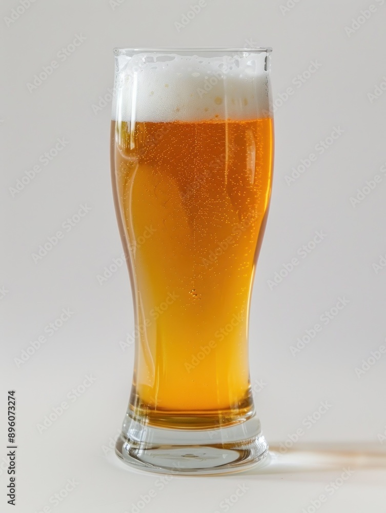 Tall glass of golden beer with foam on top surface. Tall glass of golden beer with foam on top surface.