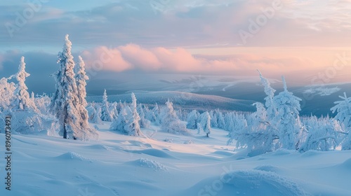 winter wonderland panorama a vast snowcovered landscape with pristine white drifts iceladen trees and a distant mountain range all bathed in the soft cool light of a overcast sky photo