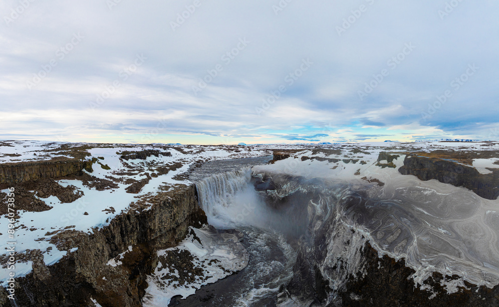 Aerial view of frozen Waterfall Dettifoss, Reykjahlid, Iceland. Aerial view of frozen Waterfall Dettifoss, Reykjahlid, Iceland.