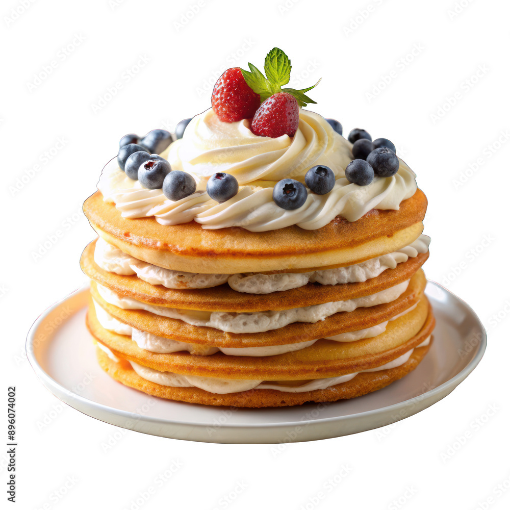 Layered pancake cake with vanilla whipped cream isolated on transparent background Layered pancake cake with vanilla whipped cream isolated on transparent background